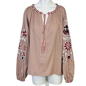 Free The Roses Womens Small  Oversized Embroidered Pink Tunic Dress Linen Blend